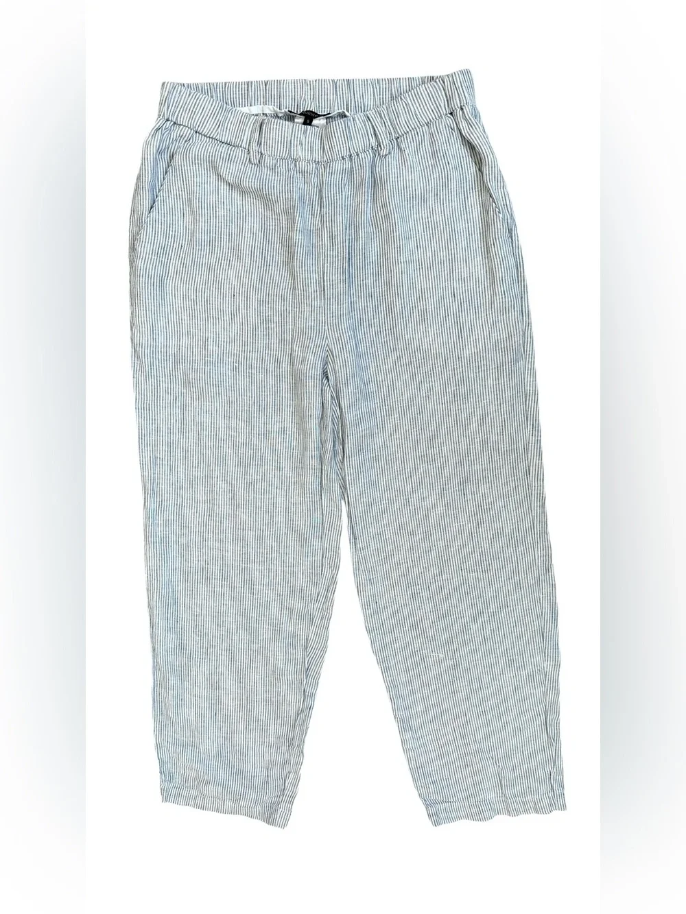 Quince 100% European Linen Pull On Blue White Pinstripe Print Crop Pants Small